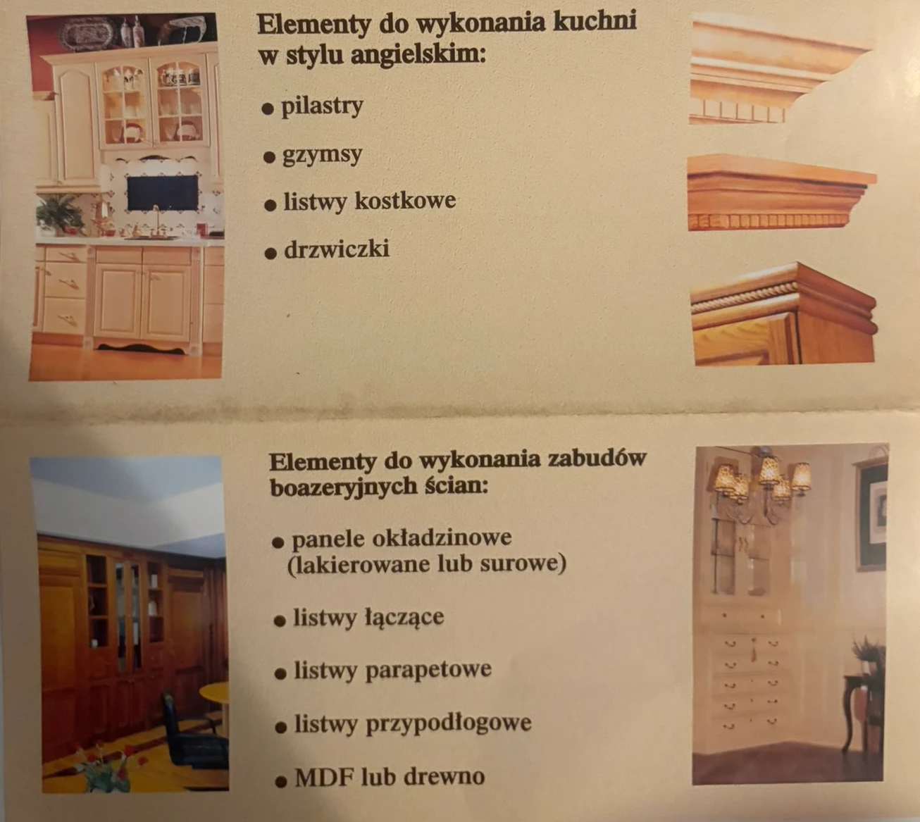 Fragment przedniej strony dawnej ulotki z przykładami elementów meblowych i zabudów ściennych